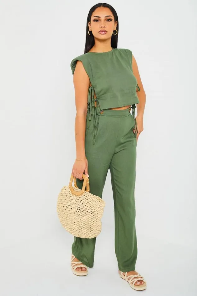 Women Ensemble 2 Pices Crop Top Pantalon Kaki En Lin Khaki Brentiny Paris Pants Women Ensemble 2 Pices Crop Top Pantalon Kaki En Lin Khaki Brentiny Paris Pants