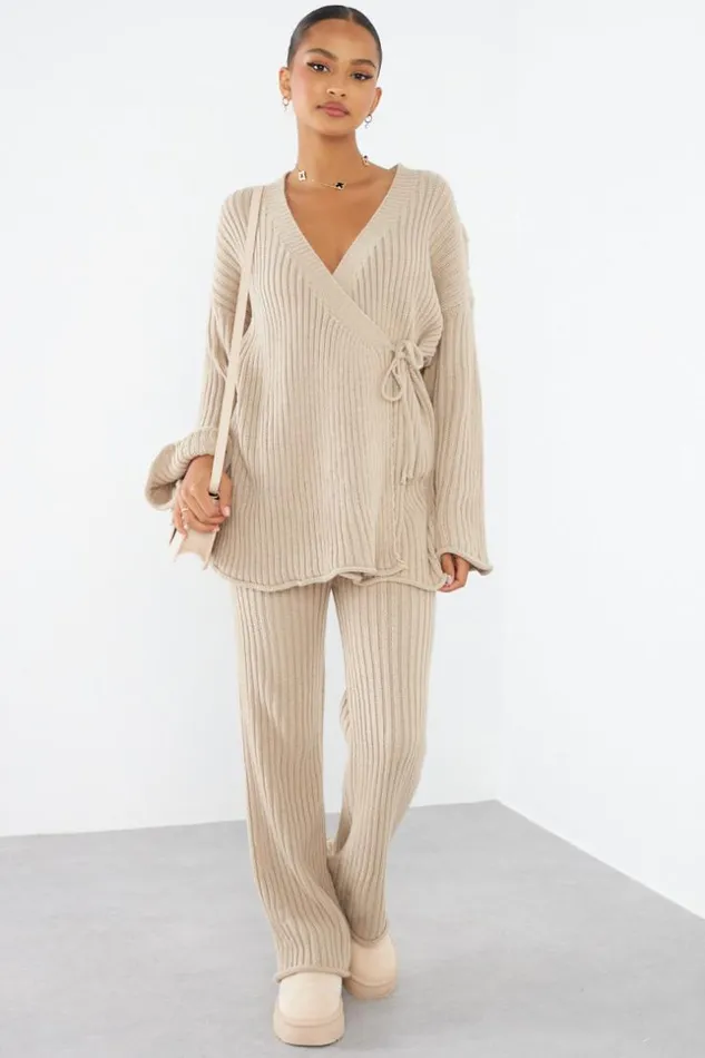 Women Ensemble 2 Pices Gilet Crois Pantalon Beige Fonc En Maille Darkbeige Brentiny Paris Cardigans