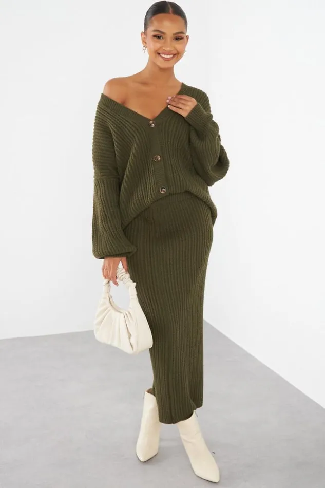 Women Ensemble 2 Pices Gilet Jupe En Maille Kaki Khaki Brentiny Paris Cardigans