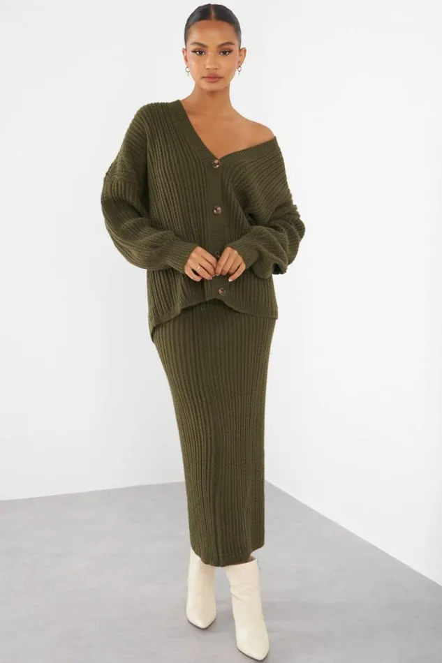 Women Ensemble 2 Pices Gilet Jupe En Maille Kaki Khaki Brentiny Paris Cardigans
