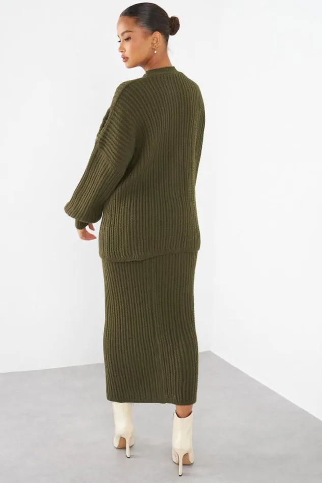 Women Ensemble 2 Pices Gilet Jupe En Maille Kaki Khaki Brentiny Paris Cardigans