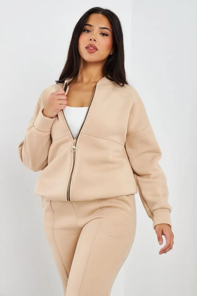 Women Ensemble 2 Pices Sweat Zipp Jogging Beige Beige Brentiny Paris Sets With Top Bottoms