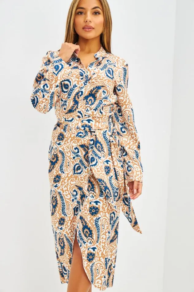 Women Ensemble Chemise Jupe Motif Paisley Camel Et Bleu Beige Brentiny Paris Skirts
