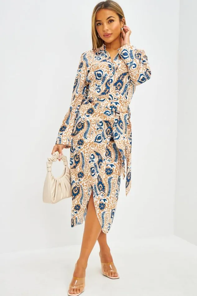 Women Ensemble Chemise Jupe Motif Paisley Camel Et Bleu Beige Brentiny Paris Skirts Women Ensemble Chemise Jupe Motif Paisley Camel Et Bleu Beige Brentiny Paris Skirts