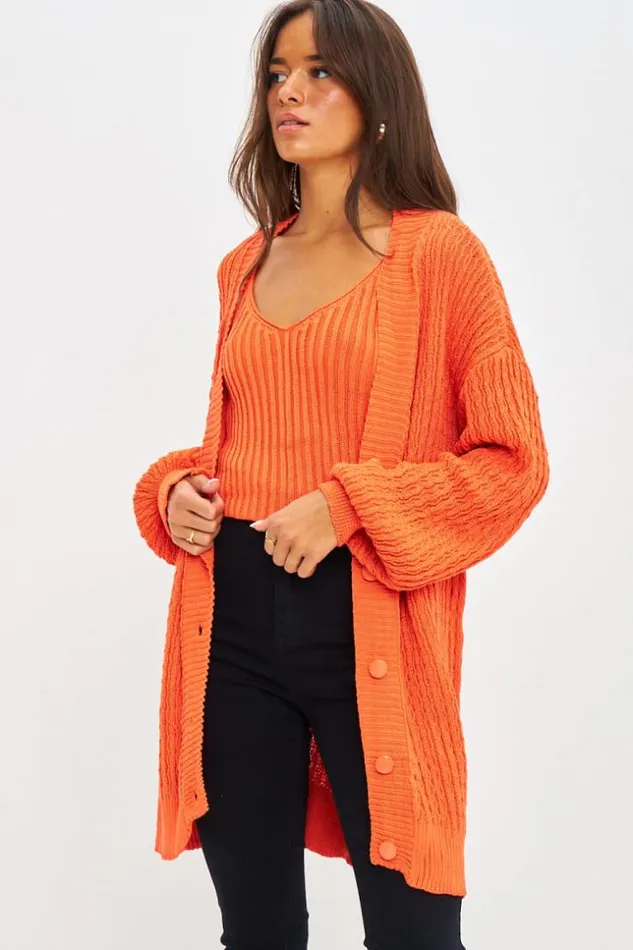 Women Ensemble Gilet Top Orange En Mailles Torsades Orange Brentiny Paris Crop Tops
