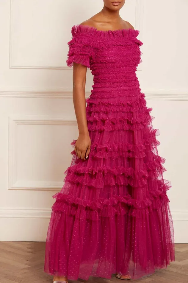 Women Evening Dresses Needle and Thread Lisette Ruffle Off Shoulder Gown Pink