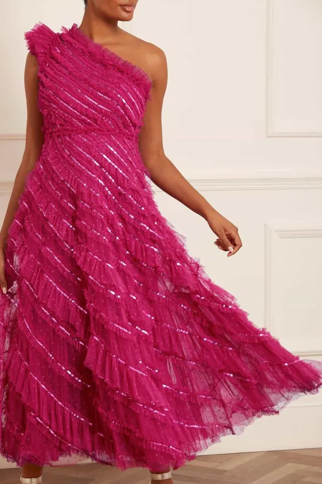 Women Evening Dresses Needle and Thread Spiral Sequin OneShoulder Ankle Gown Pink