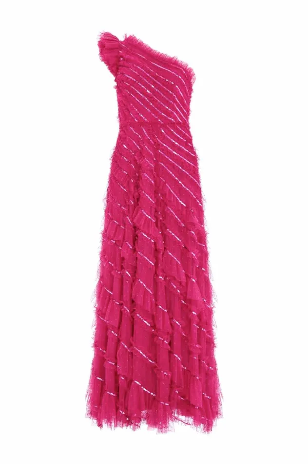 Women Evening Dresses Needle and Thread Spiral Sequin OneShoulder Ankle Gown Pink