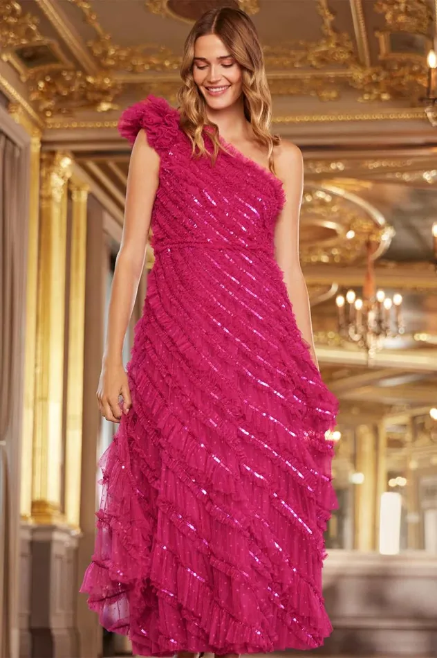 Women Evening Dresses Needle and Thread Spiral Sequin OneShoulder Ankle Gown Pink