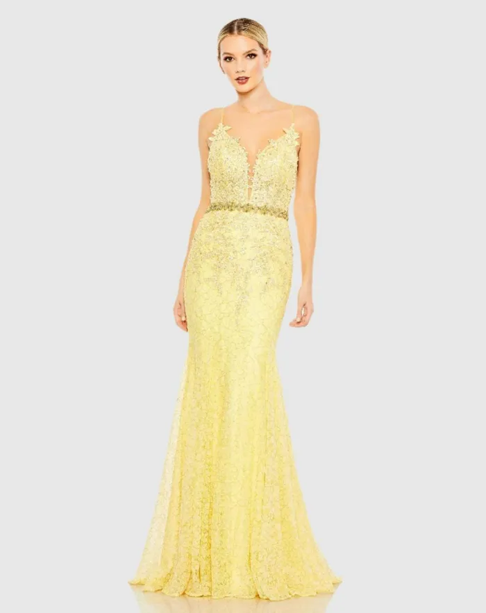 Women Evening Gowns Mac Duggal Applique Sleeveless Plunge Neck Trumpet Gown Lemon