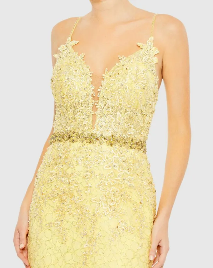 Women Evening Gowns Mac Duggal Applique Sleeveless Plunge Neck Trumpet Gown Lemon