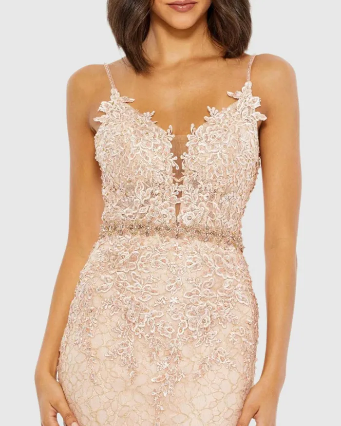 Women Evening Gowns Mac Duggal Applique Sleeveless Plunge Neck Trumpet Gown Lemon