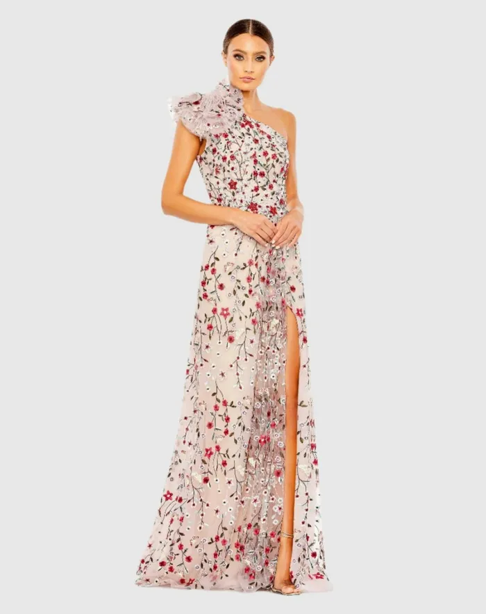 Women Evening Gowns Mac Duggal Embellished Ruffled One Shoulder A Line Gown Rose Multi