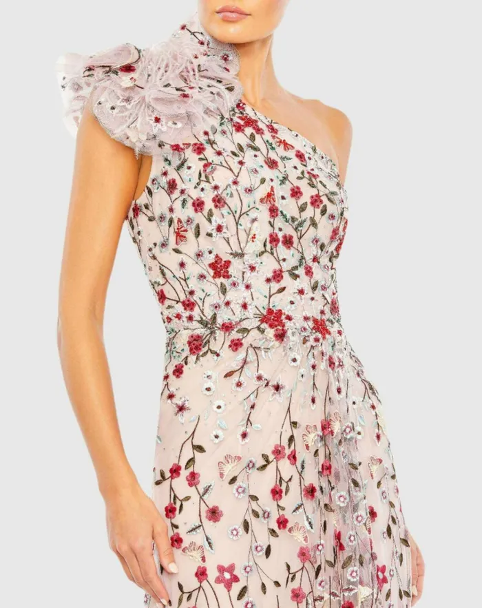 Women Evening Gowns Mac Duggal Embellished Ruffled One Shoulder A Line Gown Rose Multi