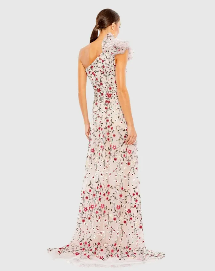 Women Evening Gowns Mac Duggal Embellished Ruffled One Shoulder A Line Gown Rose Multi