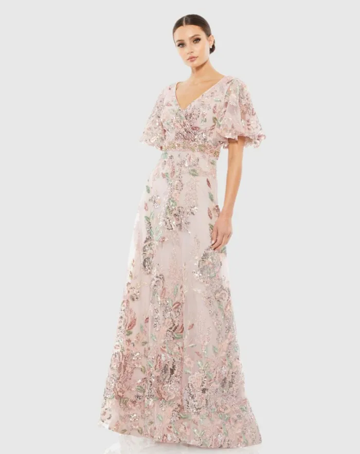 Women Evening Gowns Mac Duggal Floral Embellished Short Sleeve Gown Rose Pink