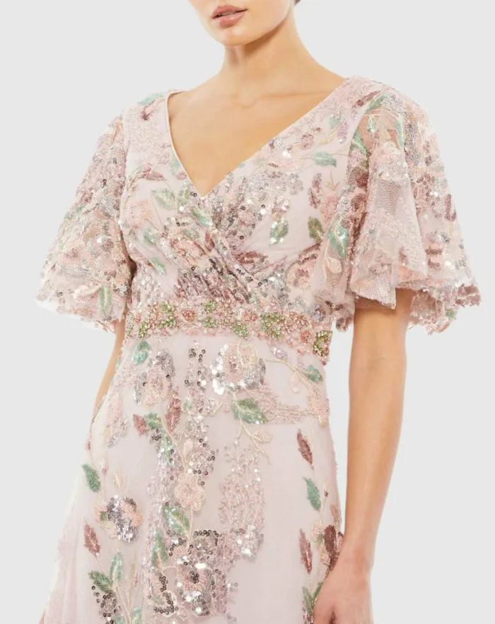 Women Evening Gowns Mac Duggal Floral Embellished Short Sleeve Gown Rose Pink