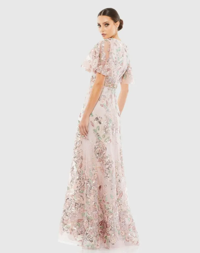 Women Evening Gowns Mac Duggal Floral Embellished Short Sleeve Gown Rose Pink