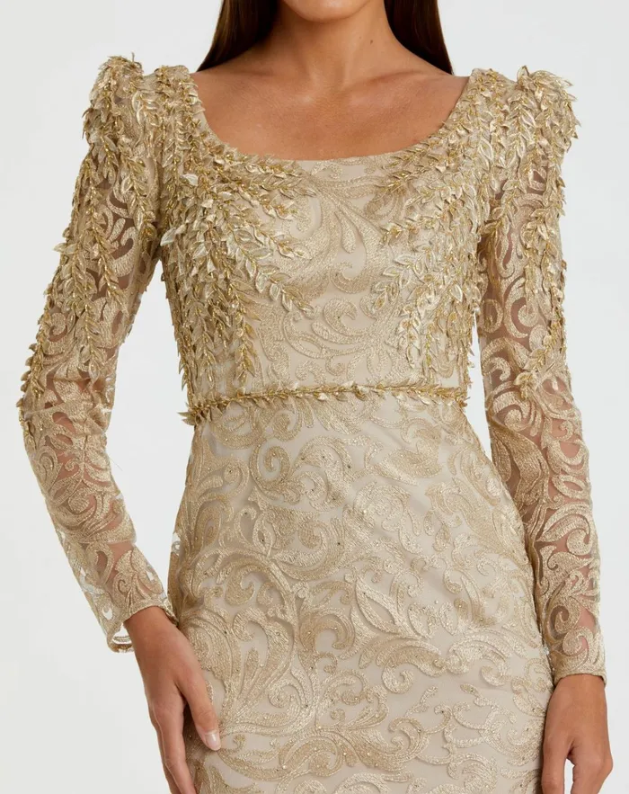 Women Evening Gowns Mac Duggal Gold Embroidered Lace Applique Shoulder Detail Trumpet Gown Light Gold