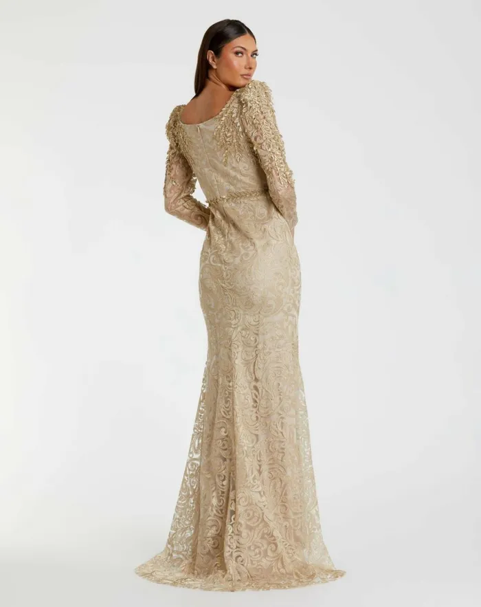 Women Evening Gowns Mac Duggal Gold Embroidered Lace Applique Shoulder Detail Trumpet Gown Light Gold