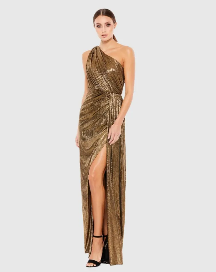 Women Evening Gowns Mac Duggal Gold One Shoulder Draped Gown Antique Gold