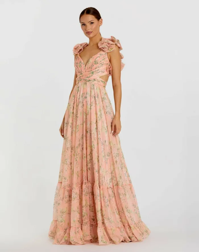 Women Evening Gowns Mac Duggal Pink Ruffle Tiered Floral CutOut Chiffon Gown Pink Multi Women Evening Gowns Mac Duggal Pink Ruffle Tiered Floral CutOut Chiffon Gown Pink Multi