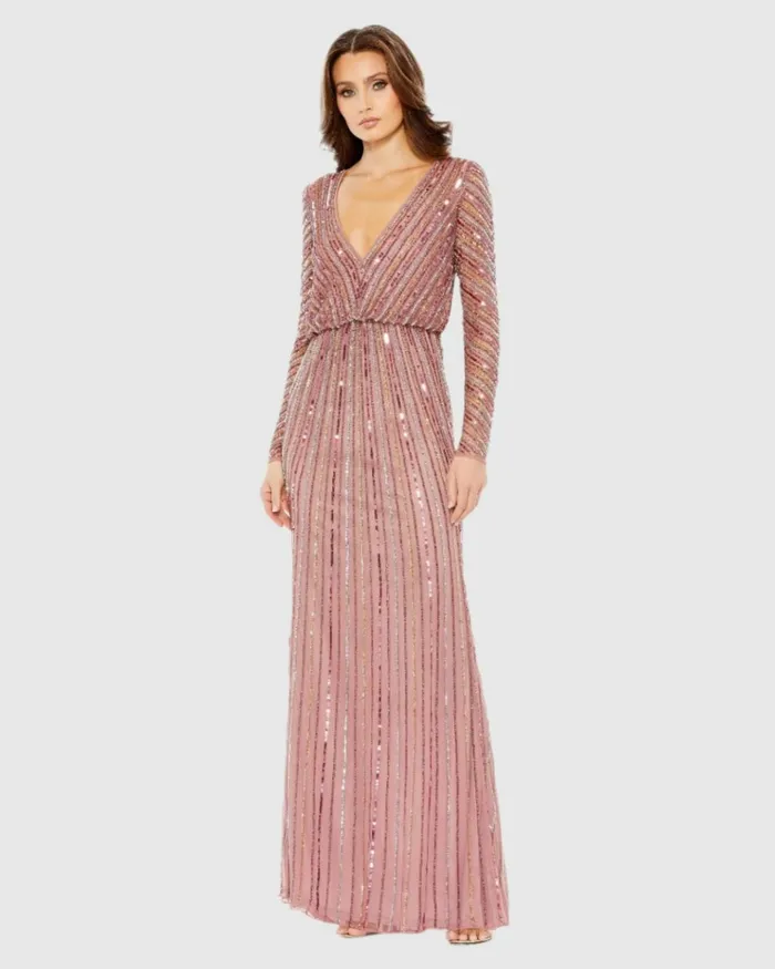 Women Evening Gowns Mac Duggal Sequined V Neck Long Sleeve Column Gown Rosewood