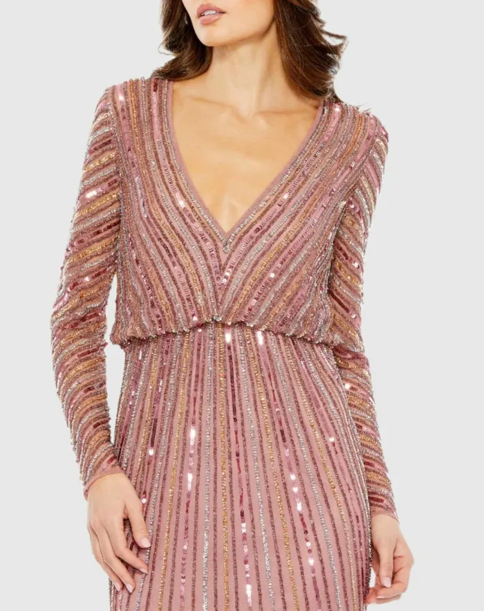 Women Evening Gowns Mac Duggal Sequined V Neck Long Sleeve Column Gown Rosewood Women Evening Gowns Mac Duggal Sequined V Neck Long Sleeve Column Gown Rosewood