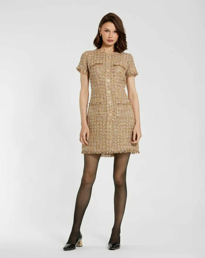 Women Every Day Dresses Mac Duggal Boucle Short Sleeve Mini Dress With Pockets Latte Multi Women Every Day Dresses Mac Duggal Boucle Short Sleeve Mini Dress With Pockets Latte Multi