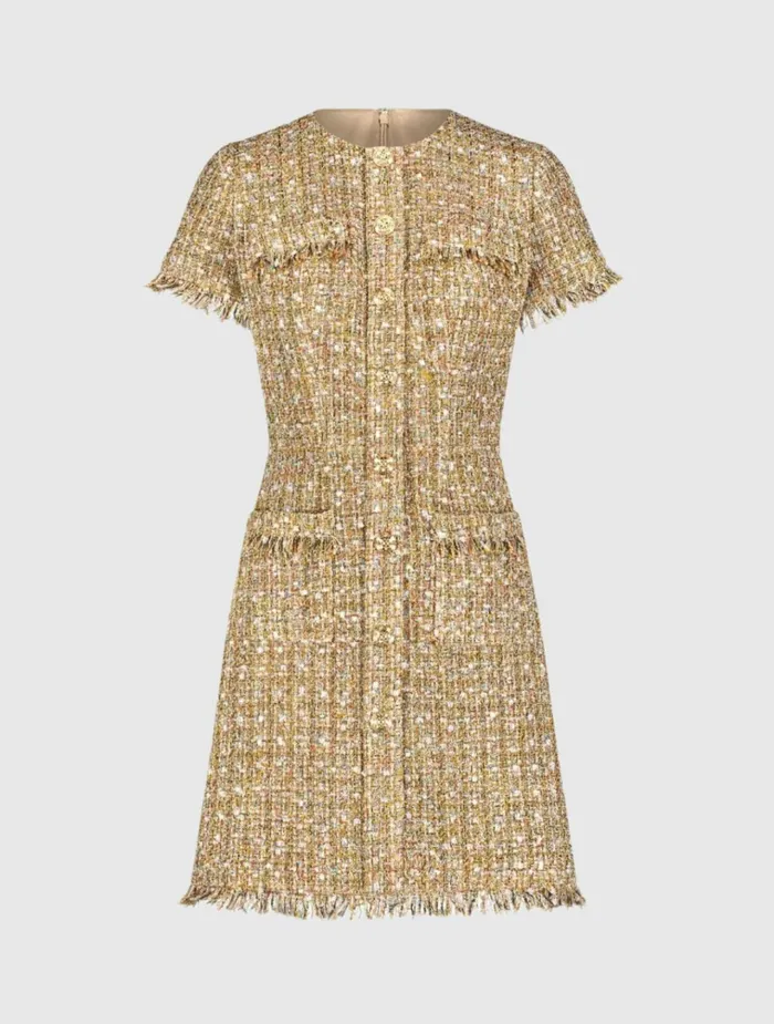 Women Every Day Dresses Mac Duggal Boucle Short Sleeve Mini Dress With Pockets Latte Multi