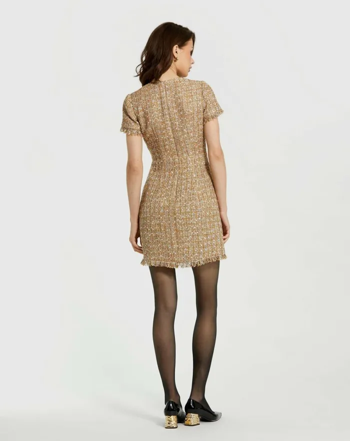 Women Every Day Dresses Mac Duggal Boucle Short Sleeve Mini Dress With Pockets Latte Multi