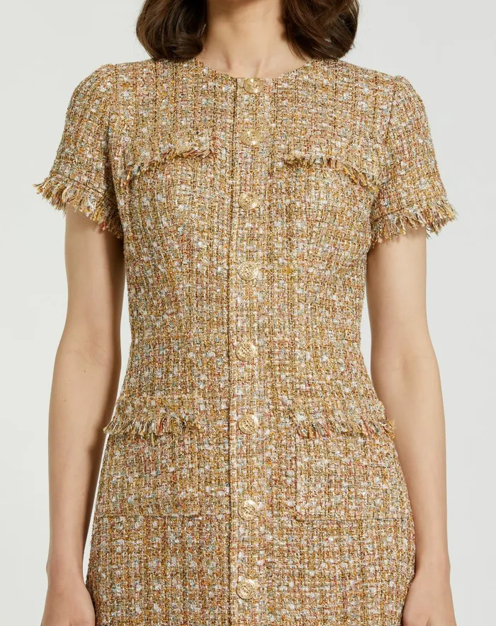 Women Every Day Dresses Mac Duggal Boucle Short Sleeve Mini Dress With Pockets Latte Multi