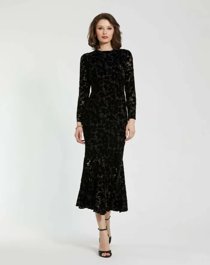 Women Every Day Dresses Mac Duggal Burnout Velvet Long Sleeve Ruffle Hem Midi Dress Black Women Every Day Dresses Mac Duggal Burnout Velvet Long Sleeve Ruffle Hem Midi Dress Black