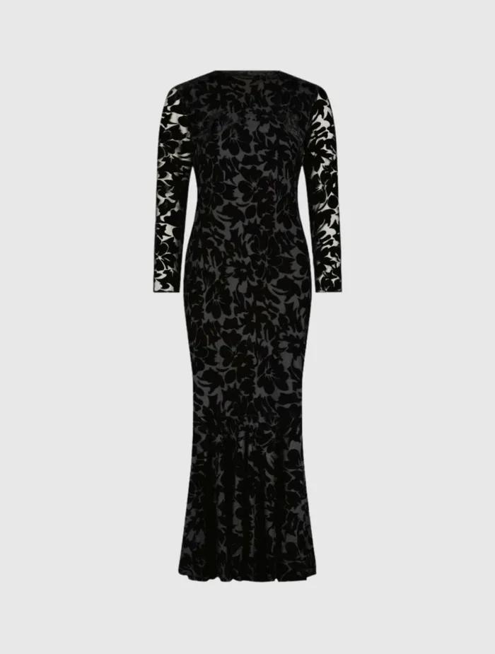 Women Every Day Dresses Mac Duggal Burnout Velvet Long Sleeve Ruffle Hem Midi Dress Black