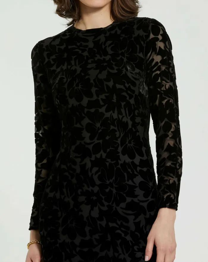 Women Every Day Dresses Mac Duggal Burnout Velvet Long Sleeve Ruffle Hem Midi Dress Black