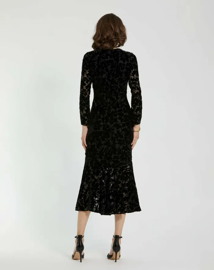 Women Every Day Dresses Mac Duggal Burnout Velvet Long Sleeve Ruffle Hem Midi Dress Black