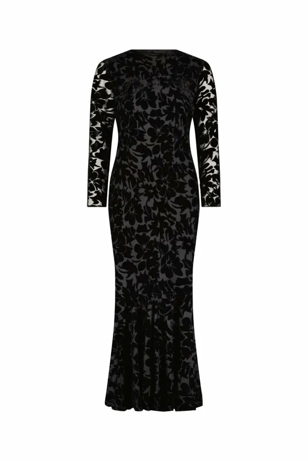 Women Every Day Dresses Mac Duggal Burnout Velvet Long Sleeve Ruffle Hem Midi Dress Black