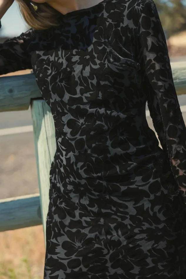 Women Every Day Dresses Mac Duggal Burnout Velvet Long Sleeve Ruffle Hem Midi Dress Black