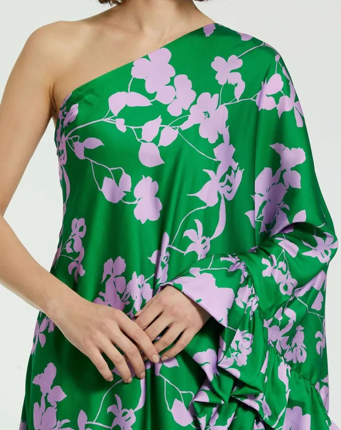 Women Every Day Dresses Mac Duggal Printed Charmeuse One Shoulder Draped Gown Green Multi