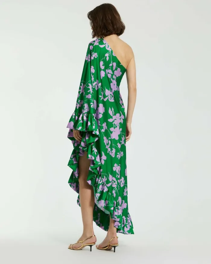 Women Every Day Dresses Mac Duggal Printed Charmeuse One Shoulder Draped Gown Green Multi