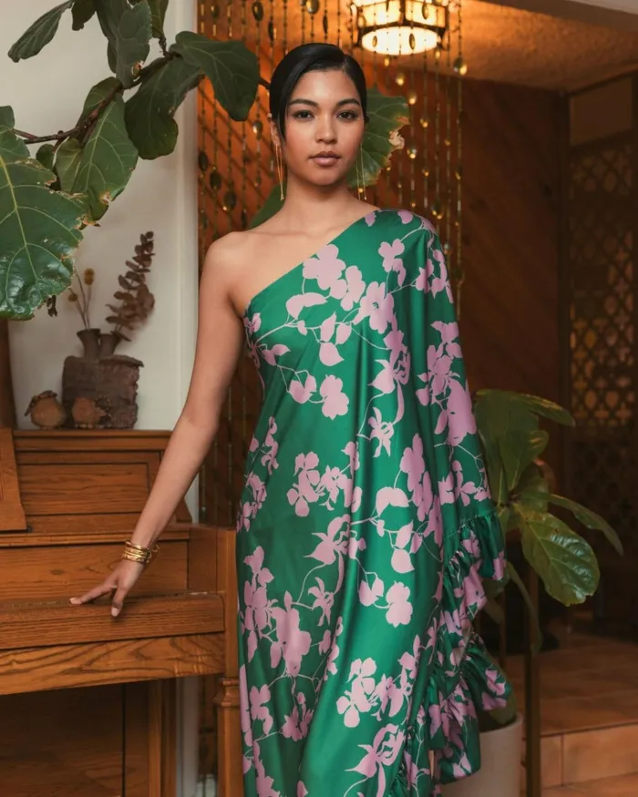 Women Every Day Dresses Mac Duggal Printed Charmeuse One Shoulder Draped Gown Green Multi