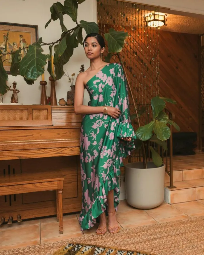 Women Every Day Dresses Mac Duggal Printed Charmeuse One Shoulder Draped Gown Green Multi