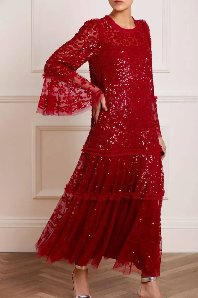 Women Exclusives Needle and Thread Annie Sequin Tiered Ankle Gown Red