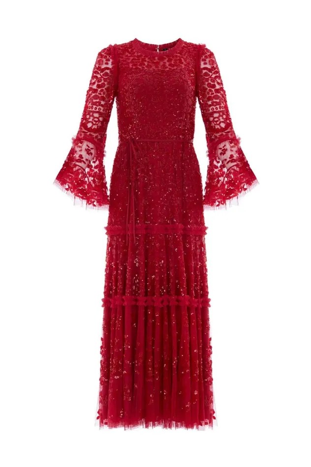 Women Exclusives Needle and Thread Annie Sequin Tiered Ankle Gown Red
