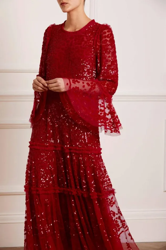 Women Exclusives Needle and Thread Annie Sequin Tiered Ankle Gown Red