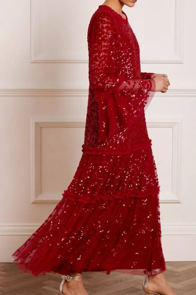 Women Exclusives Needle and Thread Annie Sequin Tiered Ankle Gown Red