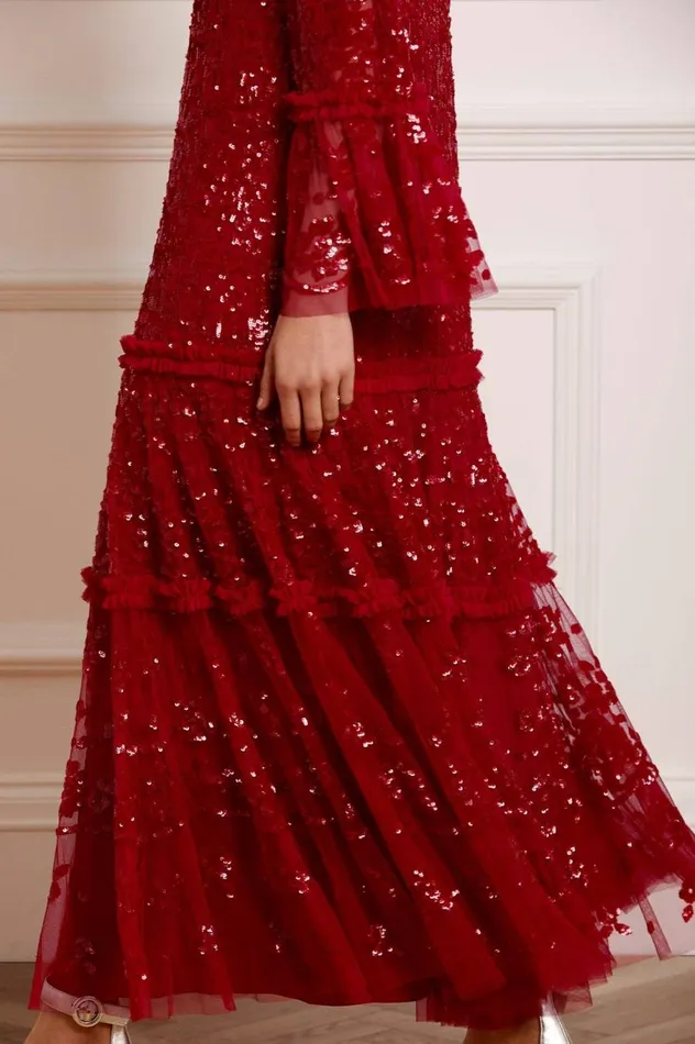 Women Exclusives Needle and Thread Annie Sequin Tiered Ankle Gown Red