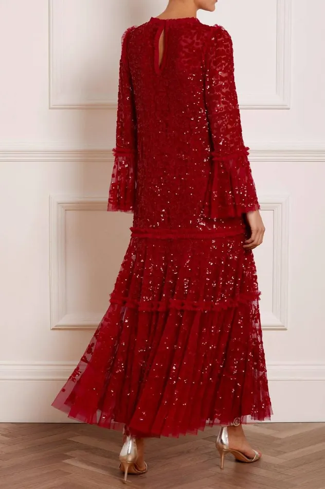 Women Exclusives Needle and Thread Annie Sequin Tiered Ankle Gown Red