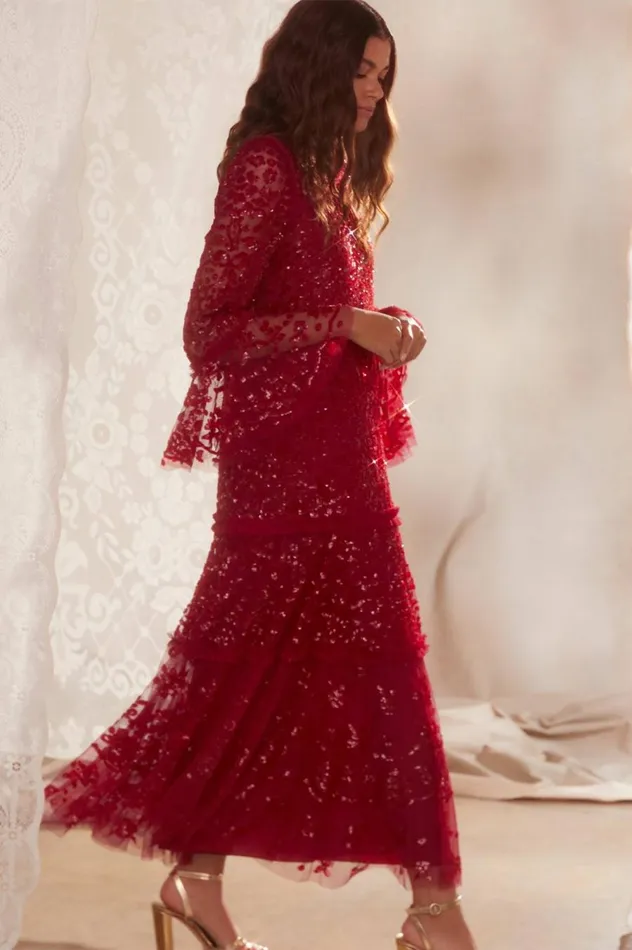 Women Exclusives Needle and Thread Annie Sequin Tiered Ankle Gown Red