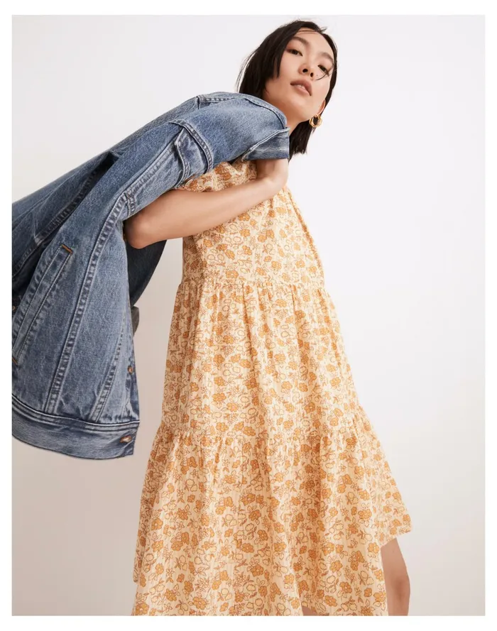 Women Eyelet Trim Tiered Mini Dress In Piccola Floral French Vanilla Madewell Dresses
